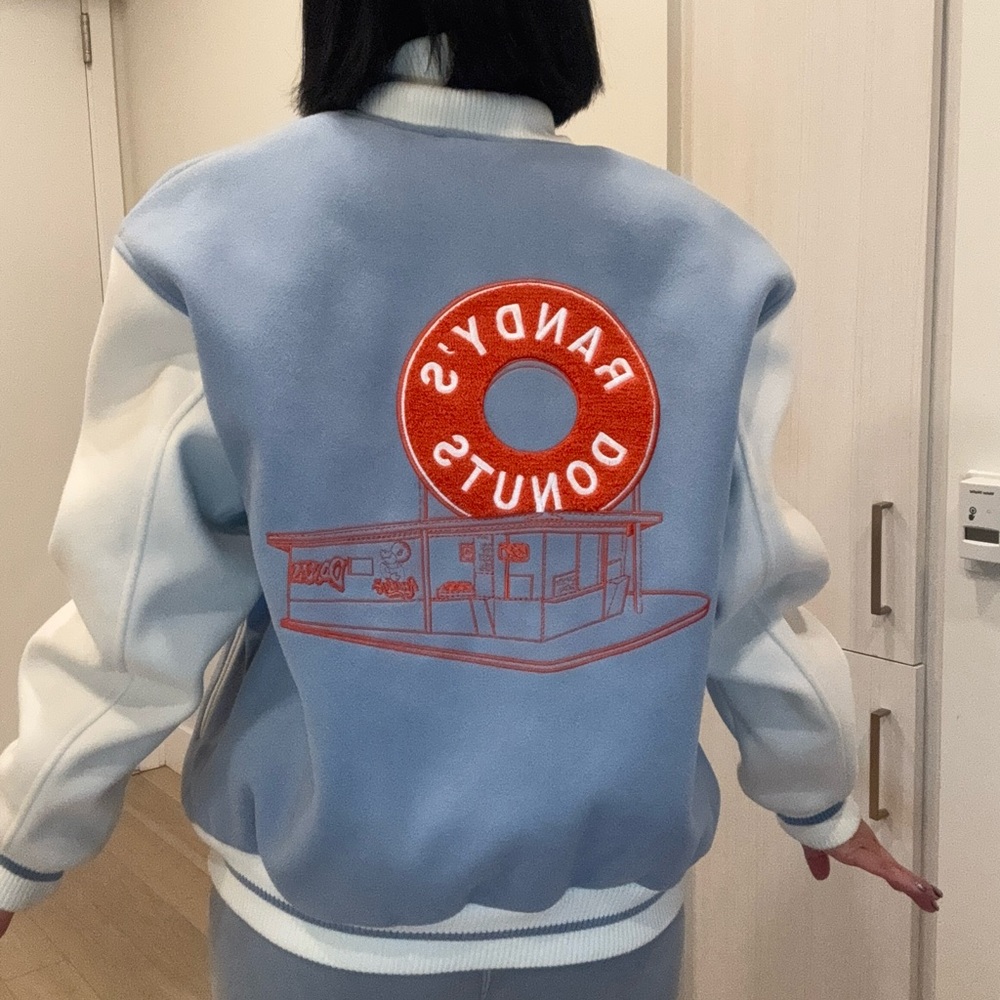 Zara varsity jacket feat iconic Randy’s Donuts